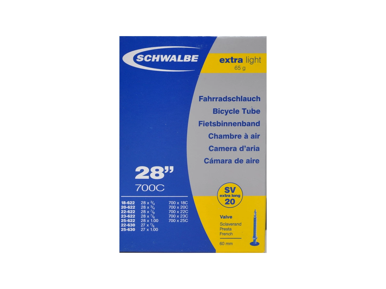 Schwalbe - Slang - 700x18-25c X-Light - Racer Ventil - 60mm - SV20
